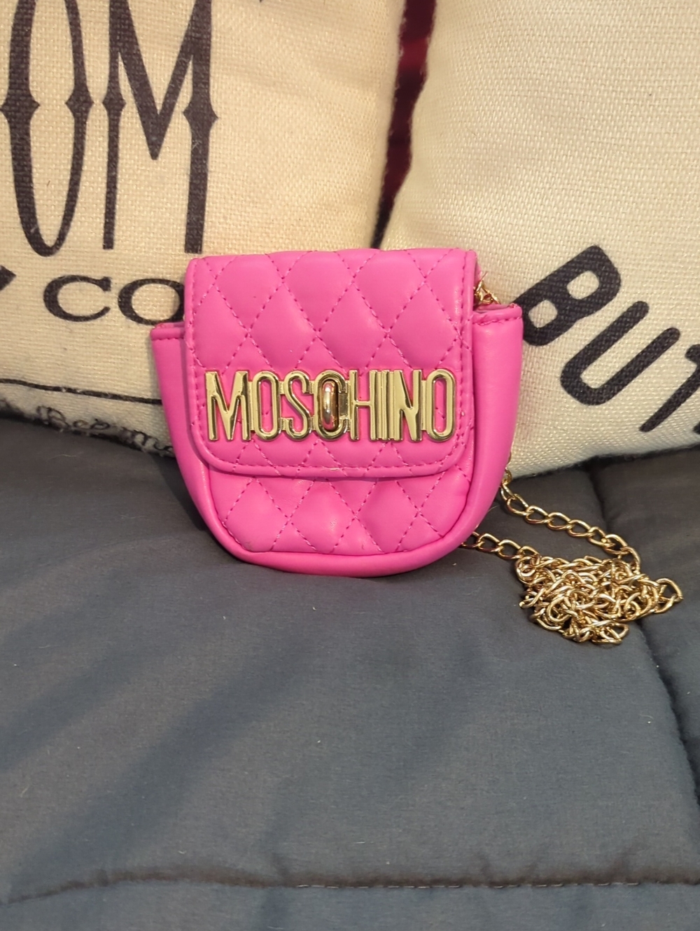 Moschino Pink Quilted Mini Crossbody with Gold Logo Chain